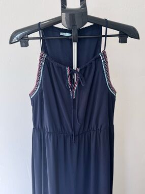 Maurices Navy Sleeveless Maxi Dress with Embroidered and Beaded Trim, Size Large